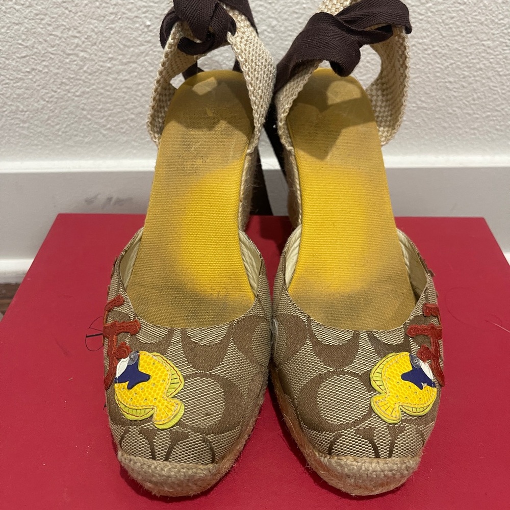 Coach Brown Espadrille Wedges with Yellow and Blue Accents